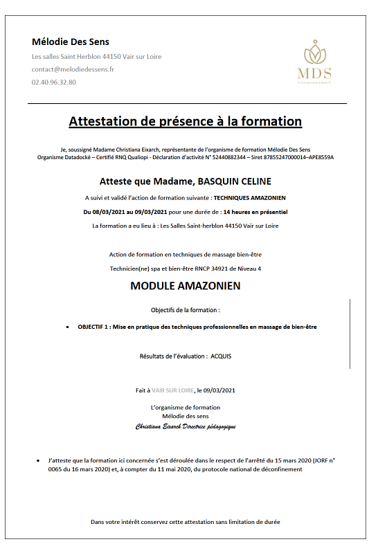 Attestation Massage Amazonien Céline Basquin