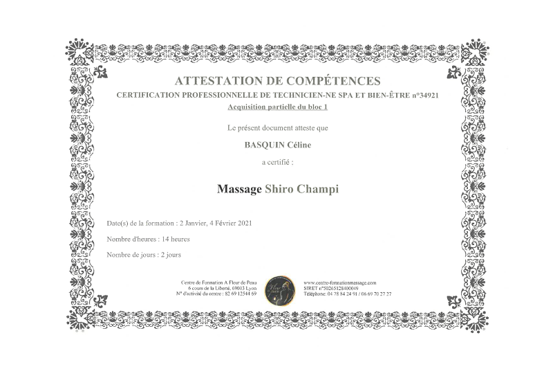 Certificat Massage Shirochampi Céline Basquin