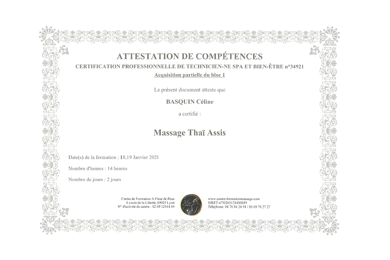 Certificat Massage Thai assis Céline Basquin